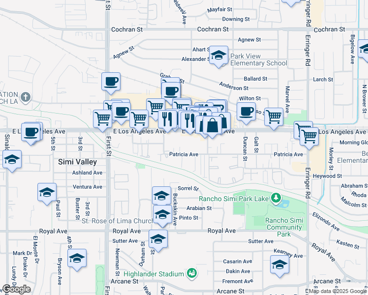 map of restaurants, bars, coffee shops, grocery stores, and more near 1391 Patricia Avenue in Simi Valley