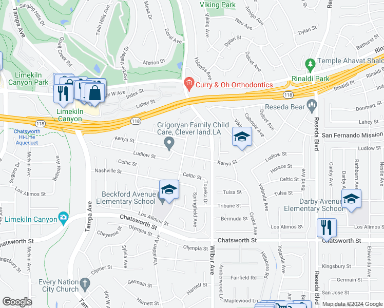 map of restaurants, bars, coffee shops, grocery stores, and more near 11001 Wystone Avenue in Los Angeles