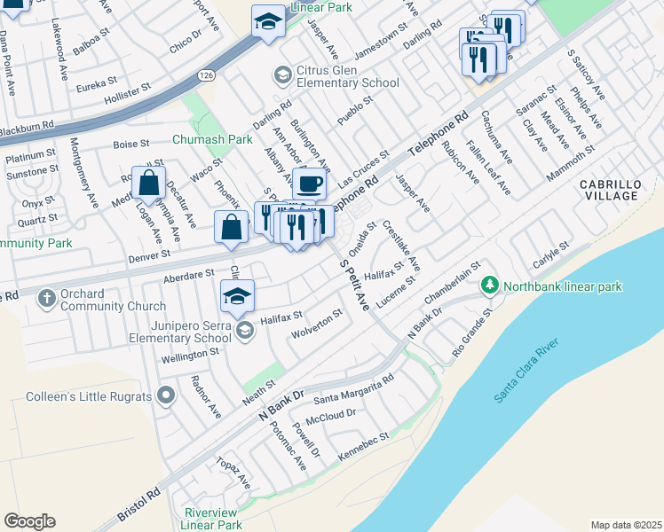 map of restaurants, bars, coffee shops, grocery stores, and more near 1247 South Petit Avenue in Ventura