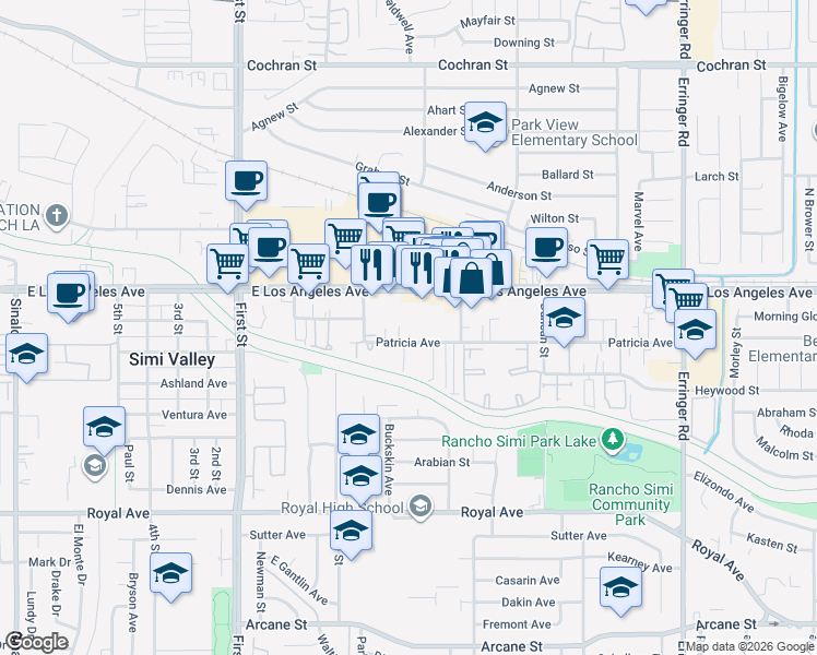 map of restaurants, bars, coffee shops, grocery stores, and more near 1391 Patricia Avenue in Simi Valley