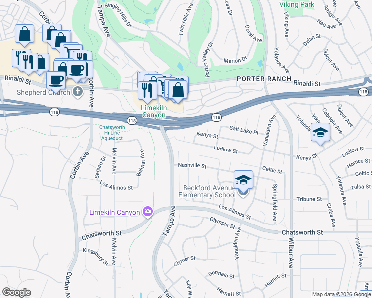 map of restaurants, bars, coffee shops, grocery stores, and more near 11016 Des Moines Avenue in Los Angeles