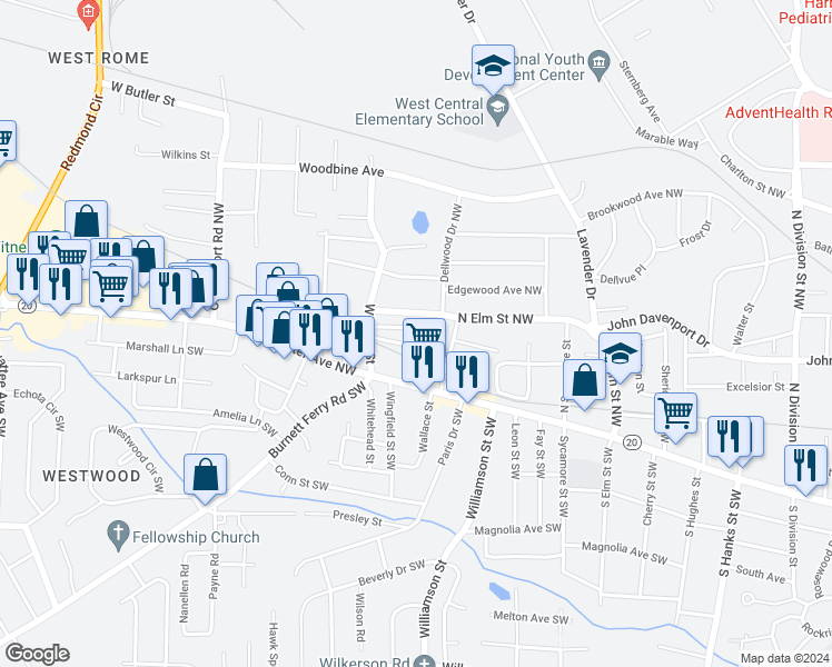 map of restaurants, bars, coffee shops, grocery stores, and more near 3 Whiteway Drive in Rome