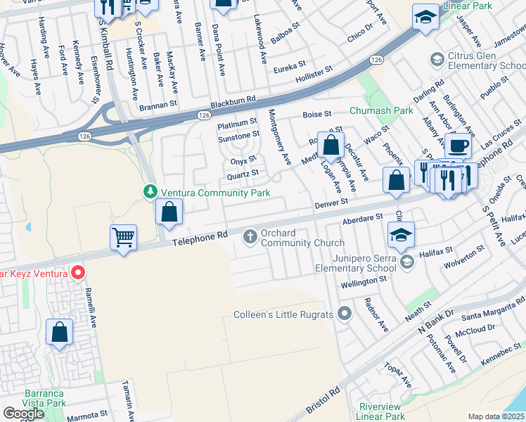 map of restaurants, bars, coffee shops, grocery stores, and more near 8243 Denver Street in Ventura