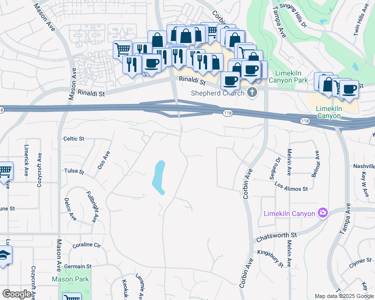map of restaurants, bars, coffee shops, grocery stores, and more near 11030 Winnetka Avenue in Los Angeles