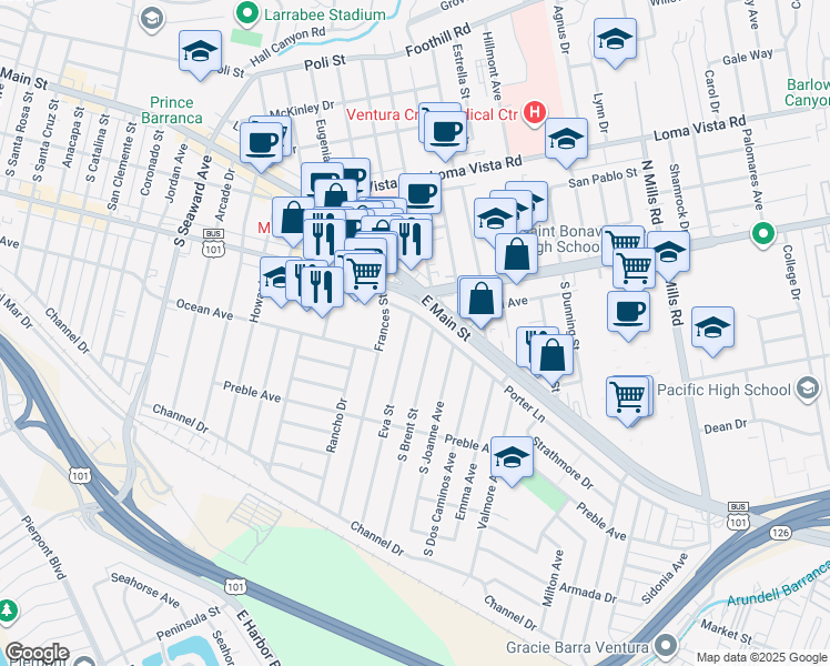 map of restaurants, bars, coffee shops, grocery stores, and more near 200 Eva Street in Ventura