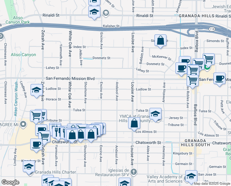 map of restaurants, bars, coffee shops, grocery stores, and more near 11029 Andasol Avenue in Los Angeles