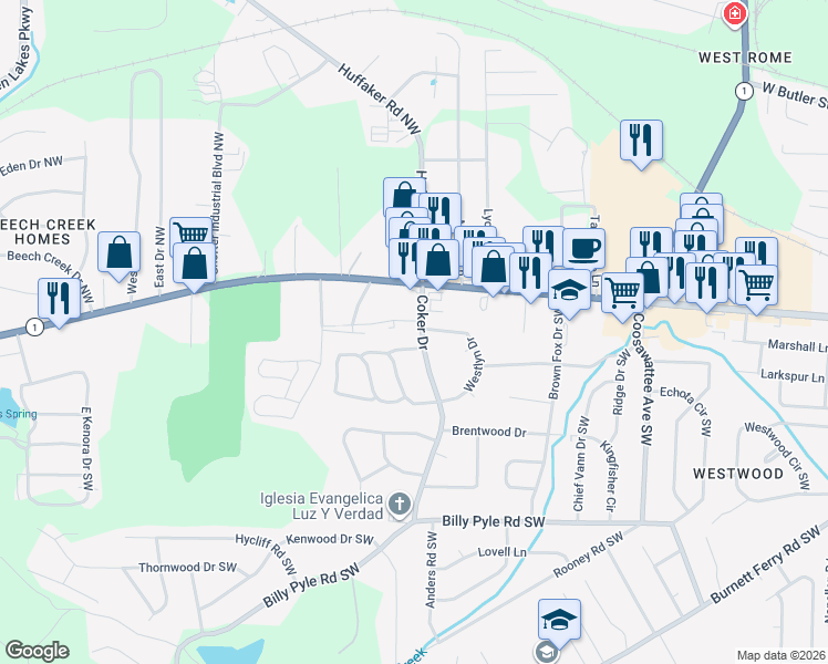 map of restaurants, bars, coffee shops, grocery stores, and more near 8 Coker Drive in Rome