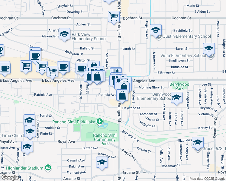 map of restaurants, bars, coffee shops, grocery stores, and more near 1851 Patricia Avenue in Simi Valley