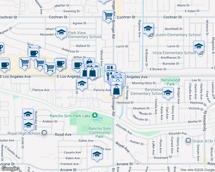 map of restaurants, bars, coffee shops, grocery stores, and more near 1851 Patricia Avenue in Simi Valley