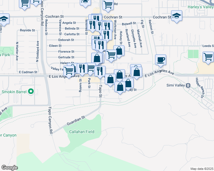map of restaurants, bars, coffee shops, grocery stores, and more near 4420 Shopping Lane in Simi Valley