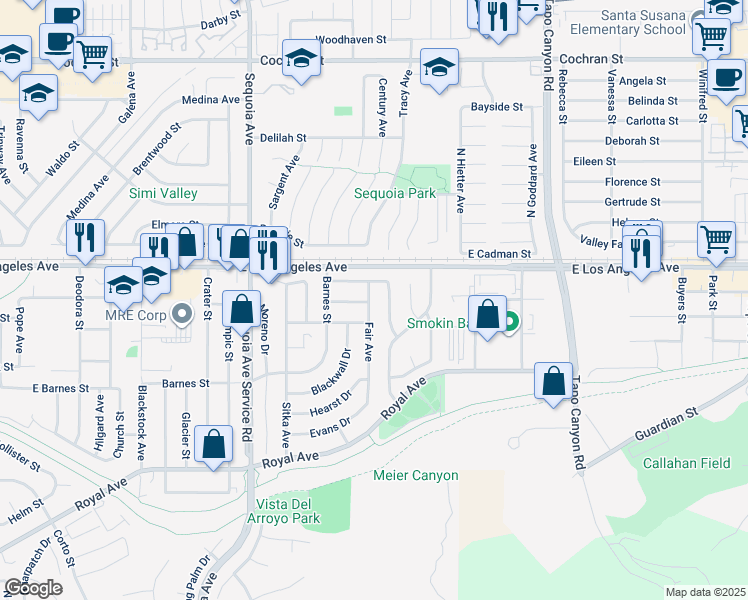 map of restaurants, bars, coffee shops, grocery stores, and more near 1887 Glenview Avenue in Simi Valley