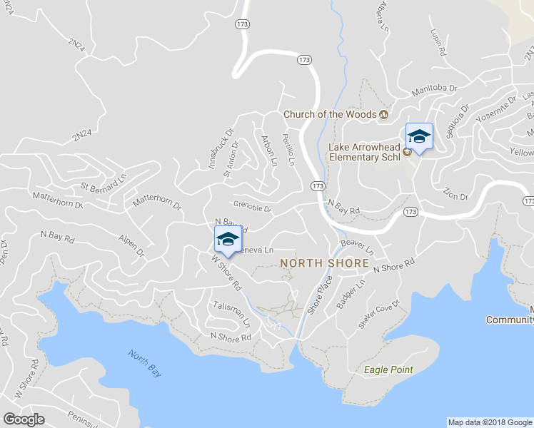 map of restaurants, bars, coffee shops, grocery stores, and more near 28227 Grenoble Drive in Lake Arrowhead