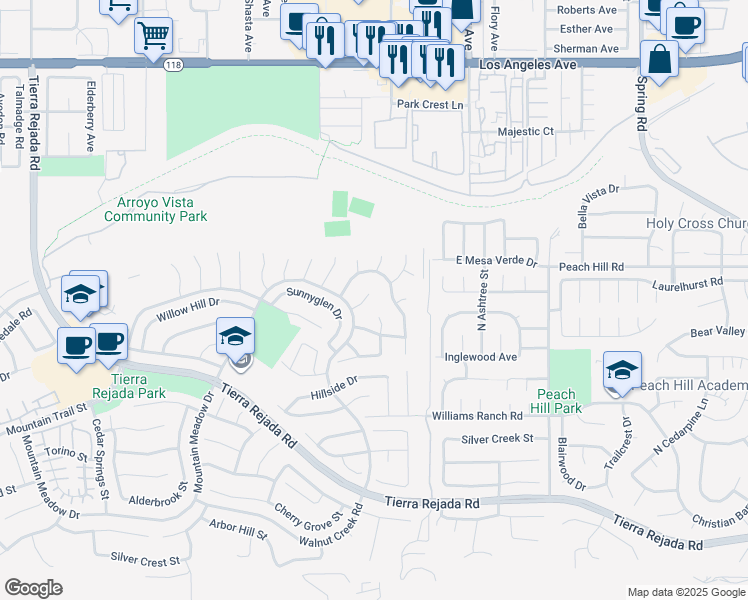 map of restaurants, bars, coffee shops, grocery stores, and more near 12670 Crescentmeadow Court in Moorpark