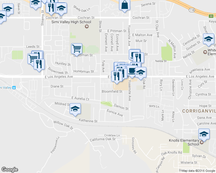 map of restaurants, bars, coffee shops, grocery stores, and more near 1886 Stow Street in Simi Valley