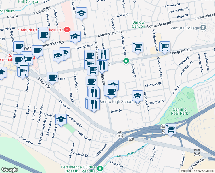 map of restaurants, bars, coffee shops, grocery stores, and more near 250 South Mills Road in Ventura