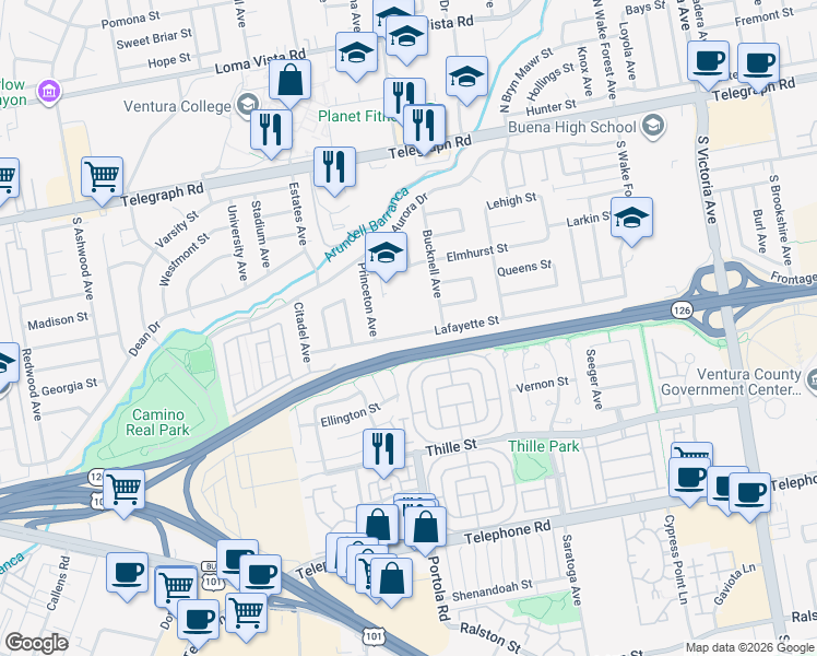 map of restaurants, bars, coffee shops, grocery stores, and more near 5037 Lafayette Street in Ventura