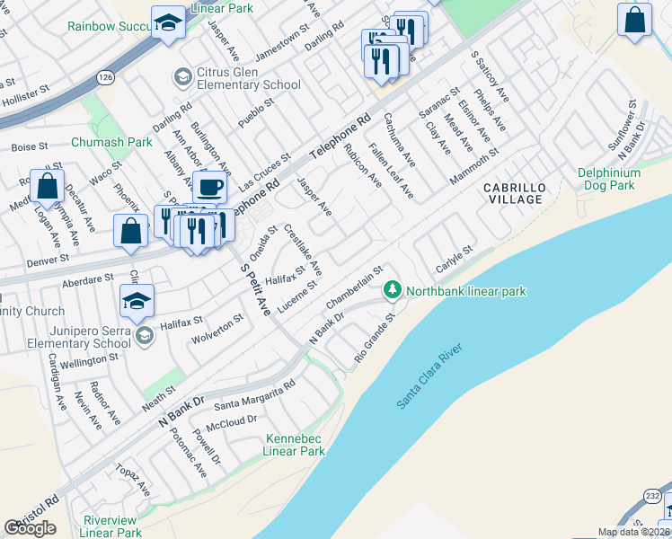 map of restaurants, bars, coffee shops, grocery stores, and more near 9782 Big Horn Street in Ventura