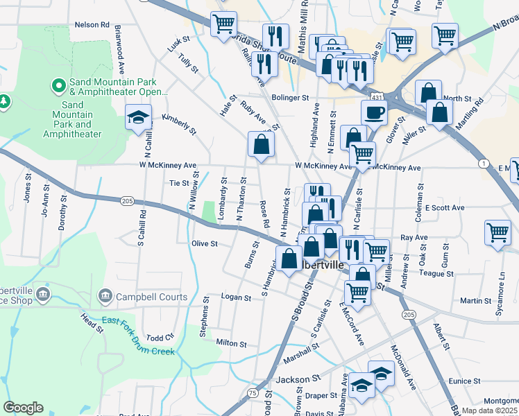 map of restaurants, bars, coffee shops, grocery stores, and more near 114 Rose Road in Albertville