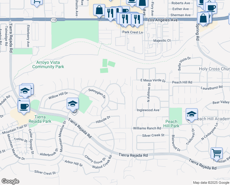 map of restaurants, bars, coffee shops, grocery stores, and more near 12670 Crescentmeadow Court in Moorpark