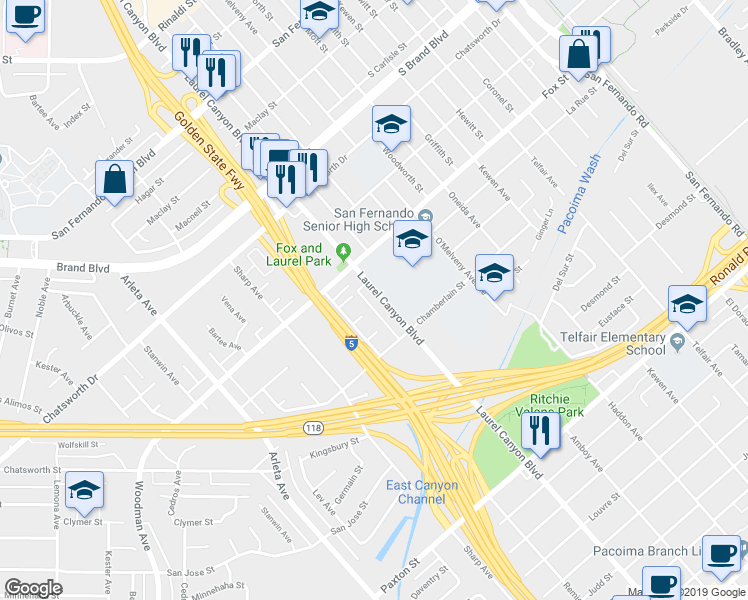 map of restaurants, bars, coffee shops, grocery stores, and more near 11023 Laurel Canyon Boulevard in San Fernando