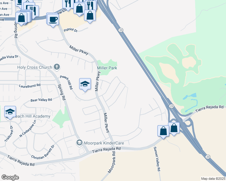 map of restaurants, bars, coffee shops, grocery stores, and more near 14367 Mangrove Street in Moorpark