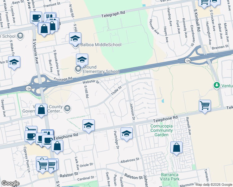 map of restaurants, bars, coffee shops, grocery stores, and more near 6671 Sargent Lane in Ventura