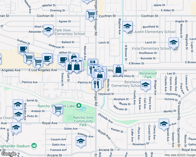 map of restaurants, bars, coffee shops, grocery stores, and more near 1850 Erringer Road in Simi Valley