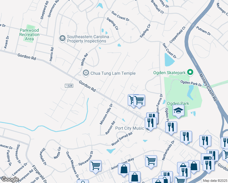 map of restaurants, bars, coffee shops, grocery stores, and more near 6437 Gordon Road in Wilmington