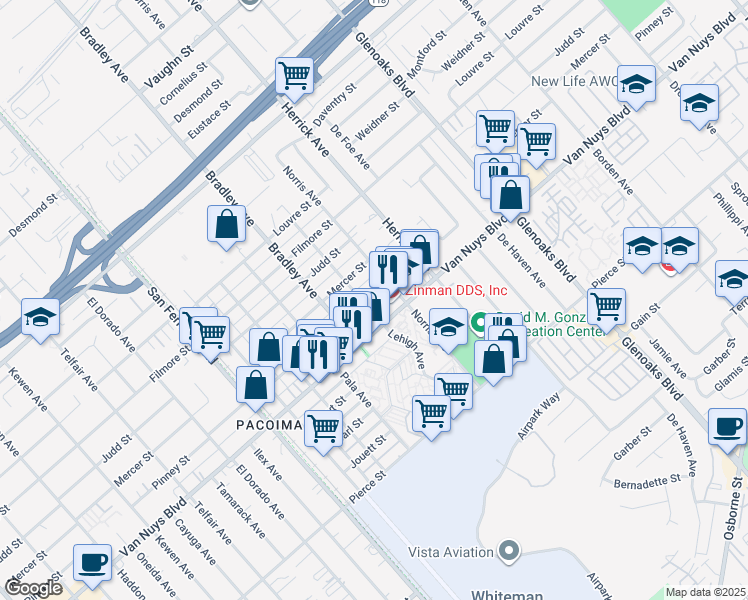 map of restaurants, bars, coffee shops, grocery stores, and more near 13074 Pinney Street in Los Angeles
