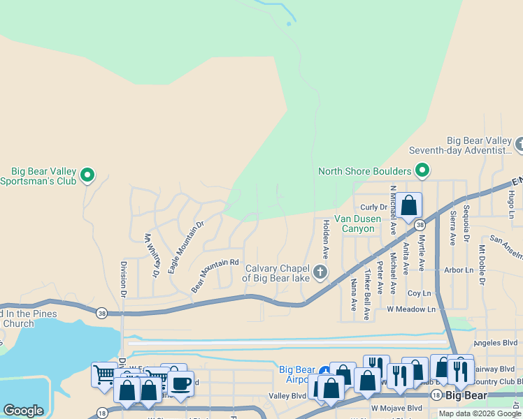 map of restaurants, bars, coffee shops, grocery stores, and more near 1112 Cedar Mountain Road in Big Bear