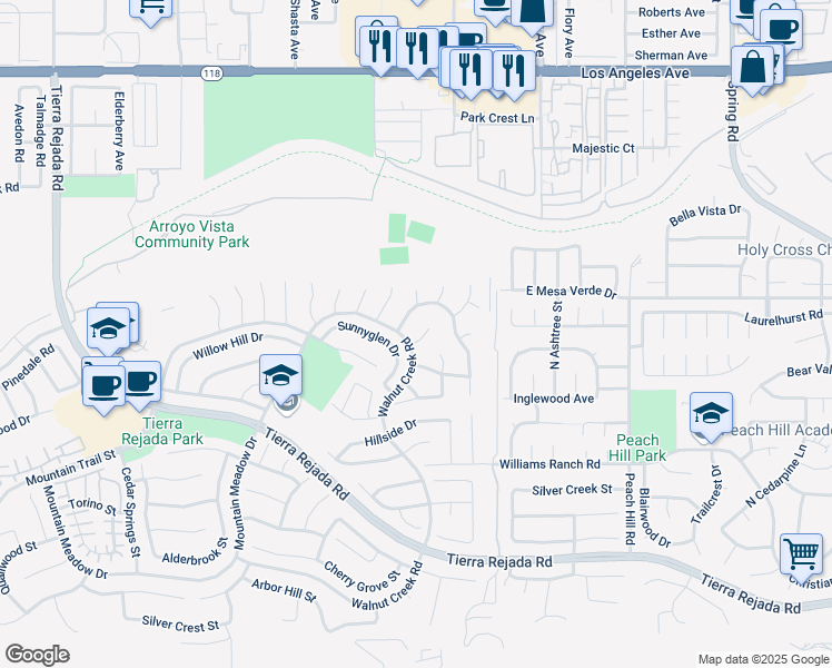 map of restaurants, bars, coffee shops, grocery stores, and more near 12629 Crescentmeadow Court in Moorpark