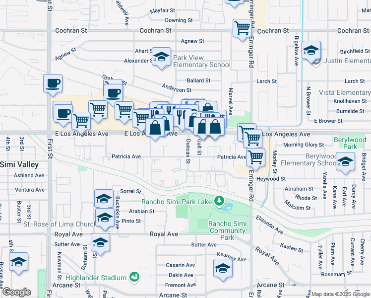 map of restaurants, bars, coffee shops, grocery stores, and more near 1867 Duncan Street in Simi Valley