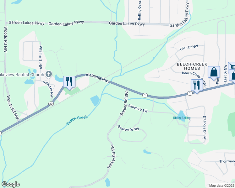 map of restaurants, bars, coffee shops, grocery stores, and more near 3105 Barker Road Southwest in Rome