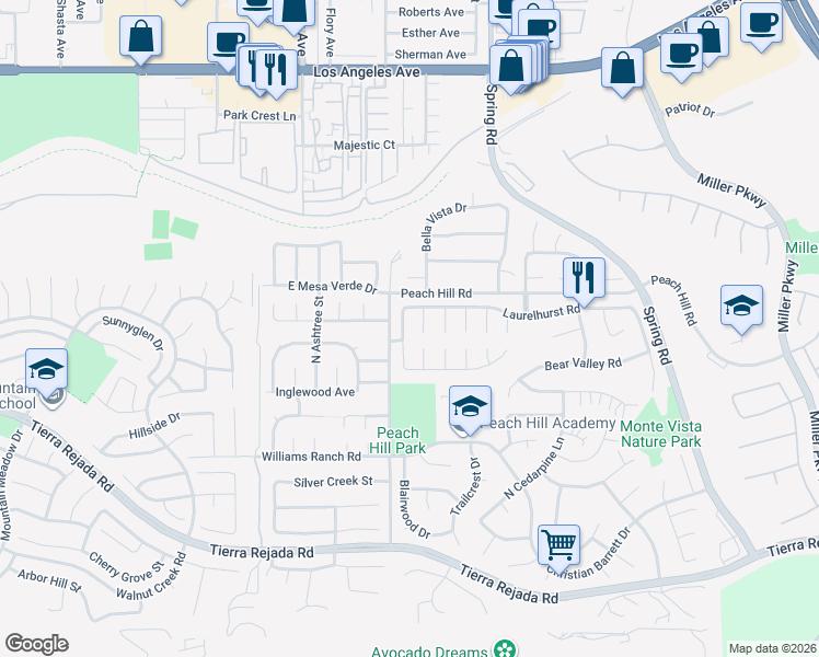 map of restaurants, bars, coffee shops, grocery stores, and more near 4366 Woodglen Drive in Moorpark