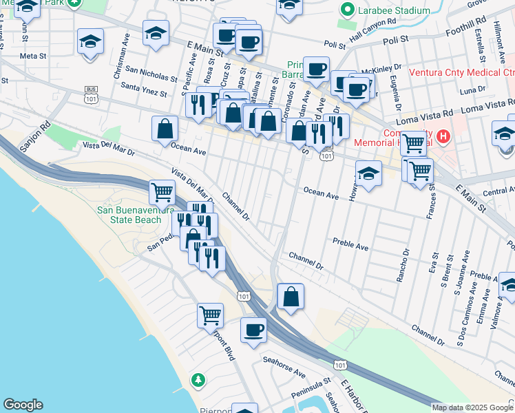 map of restaurants, bars, coffee shops, grocery stores, and more near 541 Coronado Street in Ventura