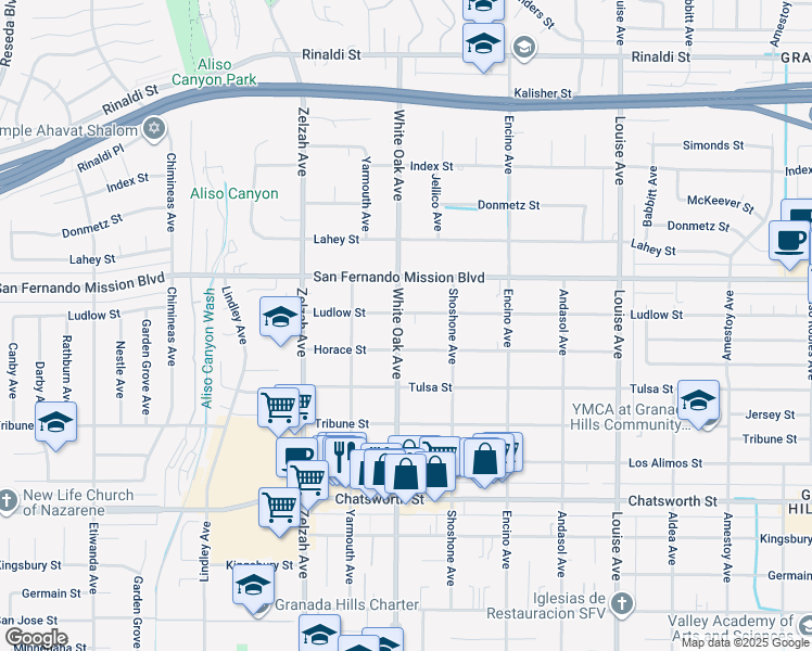 map of restaurants, bars, coffee shops, grocery stores, and more near 11024 White Oak Avenue in Los Angeles