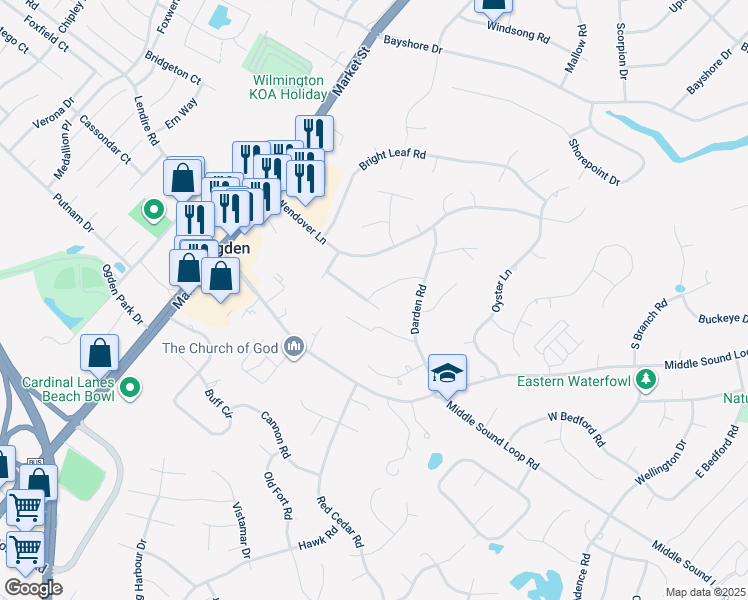 map of restaurants, bars, coffee shops, grocery stores, and more near 231 Bloomington Lane in Wilmington