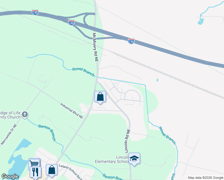 map of restaurants, bars, coffee shops, grocery stores, and more near 9498 Huckabee Drive Northeast in Leland