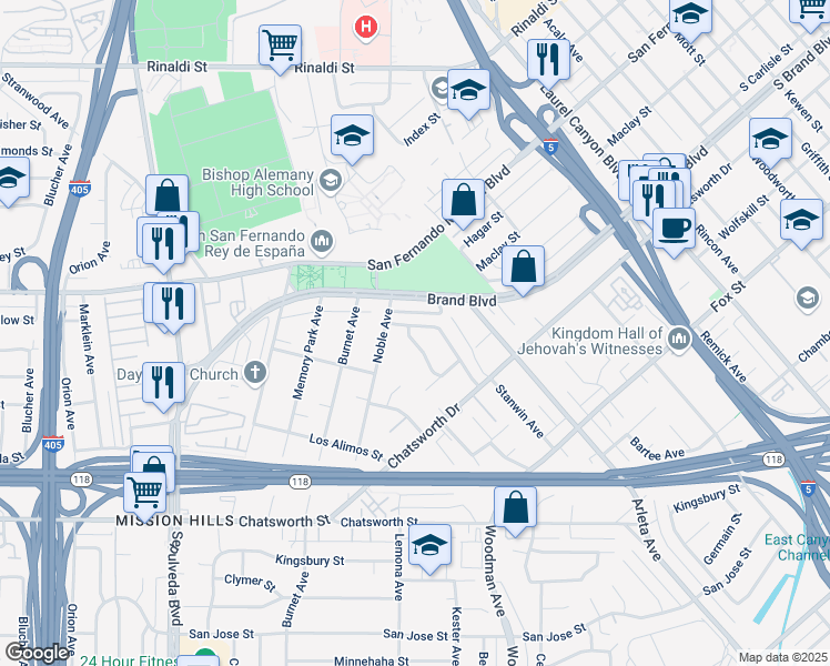map of restaurants, bars, coffee shops, grocery stores, and more near 14936 Sandra Street in Los Angeles