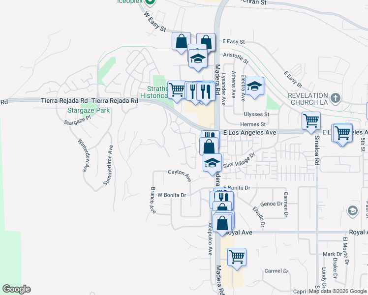 map of restaurants, bars, coffee shops, grocery stores, and more near 1987 Ridgegate Lane in Simi Valley