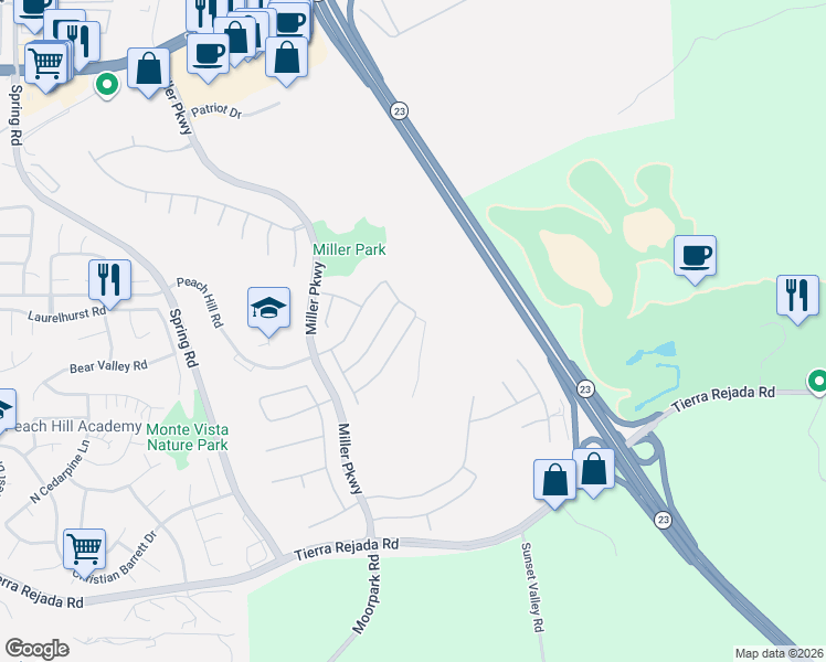 map of restaurants, bars, coffee shops, grocery stores, and more near 14450 Laurel Lane in Moorpark