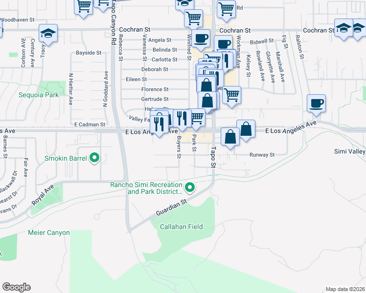 map of restaurants, bars, coffee shops, grocery stores, and more near 4264 Shopping Lane in Simi Valley