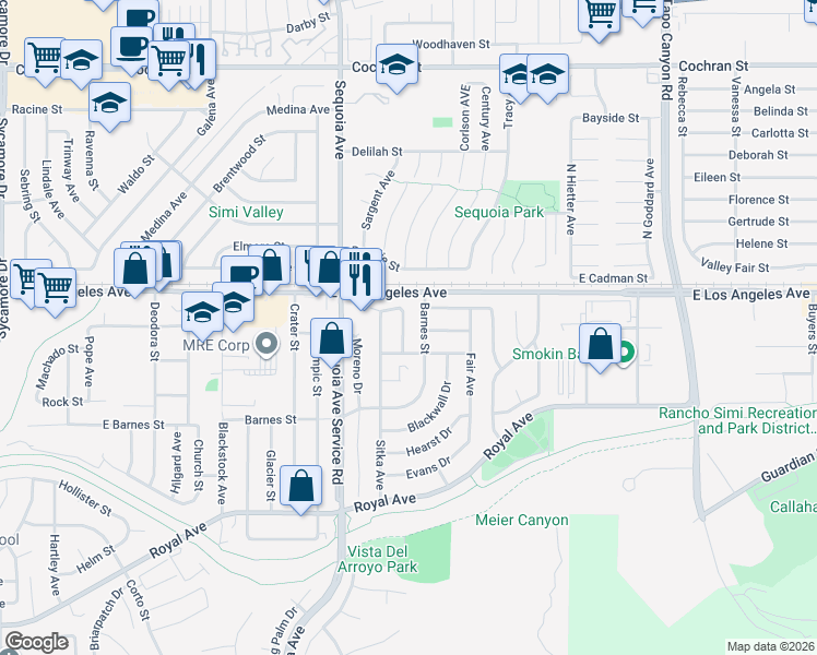 map of restaurants, bars, coffee shops, grocery stores, and more near 1846 Burch Avenue in Simi Valley