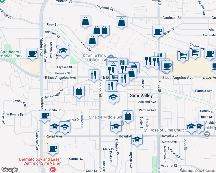 map of restaurants, bars, coffee shops, grocery stores, and more near 660 East Los Angeles Avenue in Simi Valley