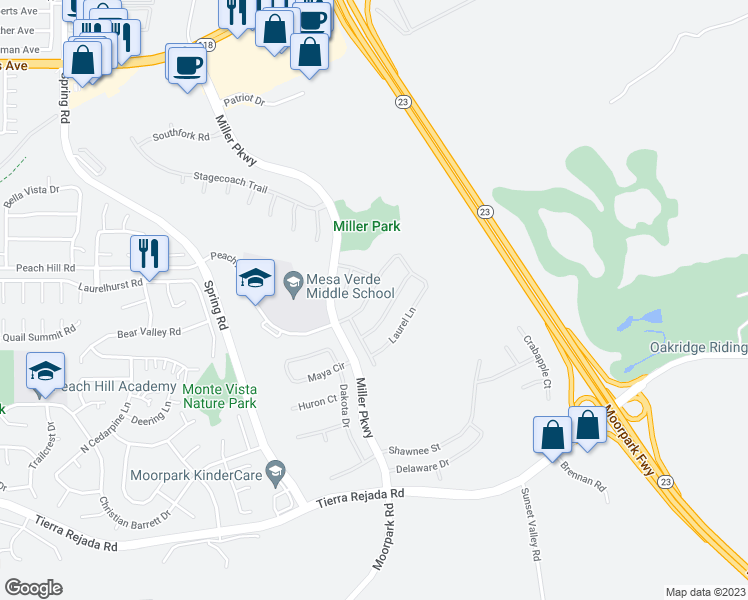 map of restaurants, bars, coffee shops, grocery stores, and more near 14342 Peach Hill Road in Moorpark
