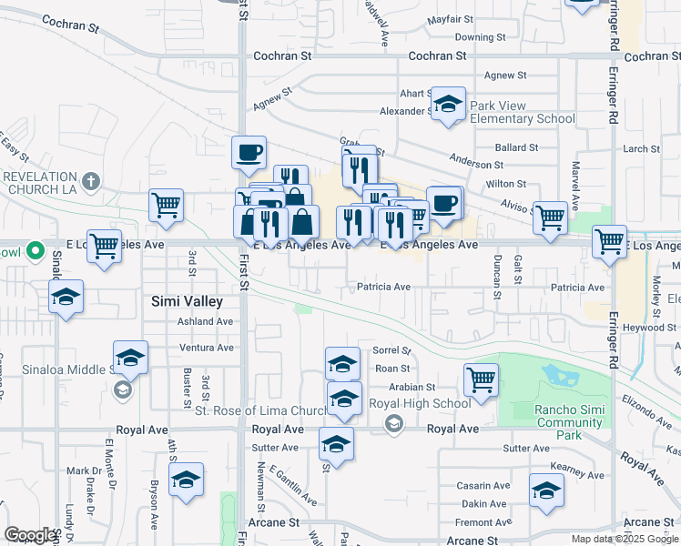 map of restaurants, bars, coffee shops, grocery stores, and more near 1280 Patricia Avenue in Simi Valley