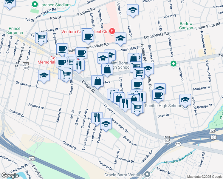 map of restaurants, bars, coffee shops, grocery stores, and more near 3146 Doreen Way in Ventura