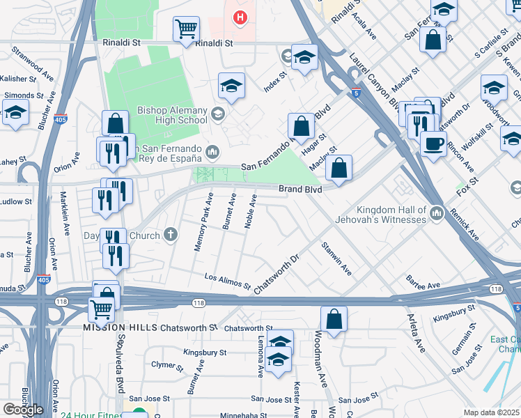 map of restaurants, bars, coffee shops, grocery stores, and more near 14936 Sandra Street in Los Angeles