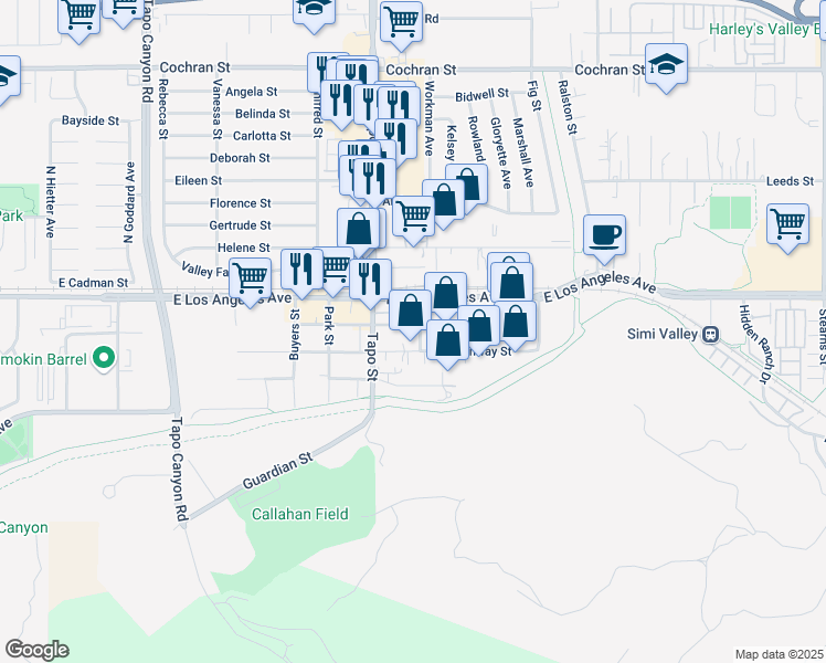 map of restaurants, bars, coffee shops, grocery stores, and more near 1825 Lucky Lane in Simi Valley