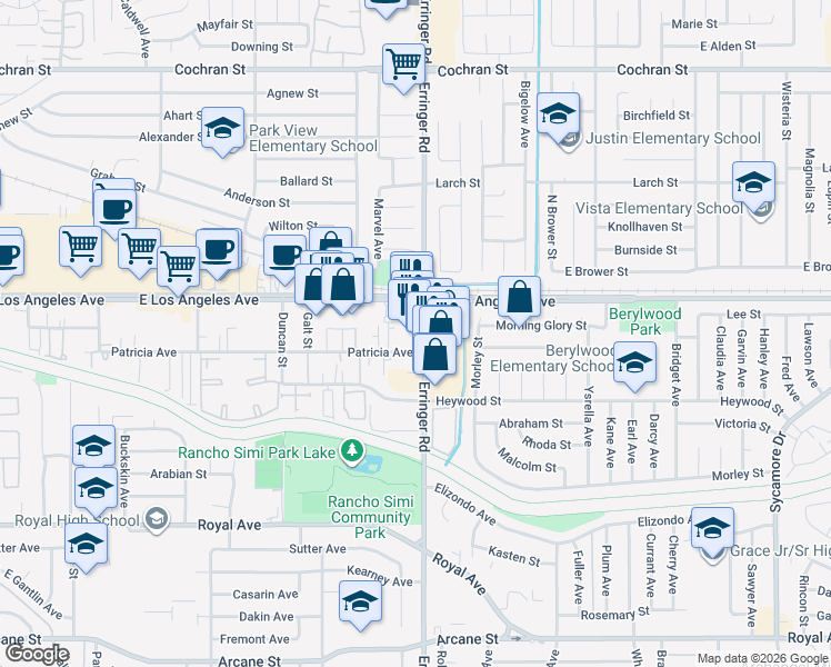 map of restaurants, bars, coffee shops, grocery stores, and more near 1850 Erringer Rd in Simi Valley